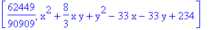 [62449/90909, x^2+8/3*x*y+y^2-33*x-33*y+234]